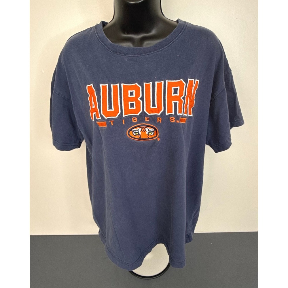OVB Men's Auburn Tigers Embroidered Logo Crew Neck T-Shirt Blue Size Large FLAW